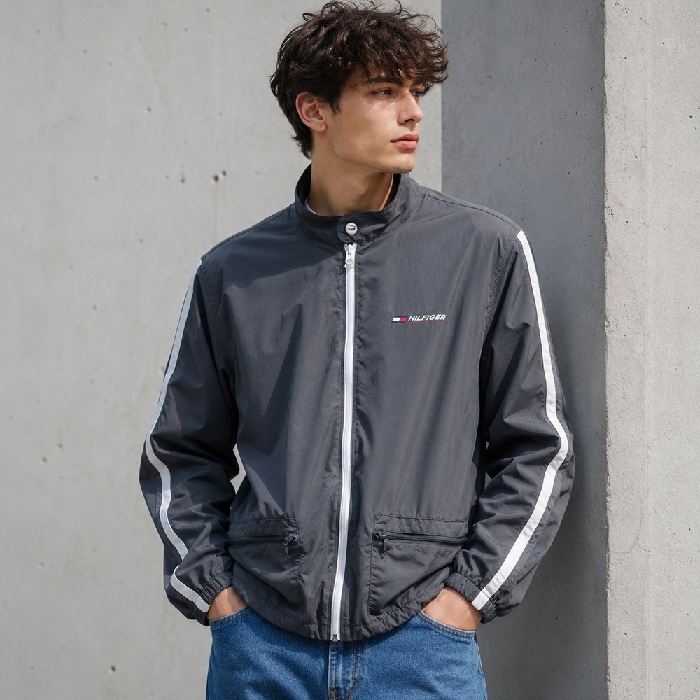 Tommy Hilfiger Windbreaker Gray XL Full Zip Jacket Y2K Gorpcore Techwear Vtg